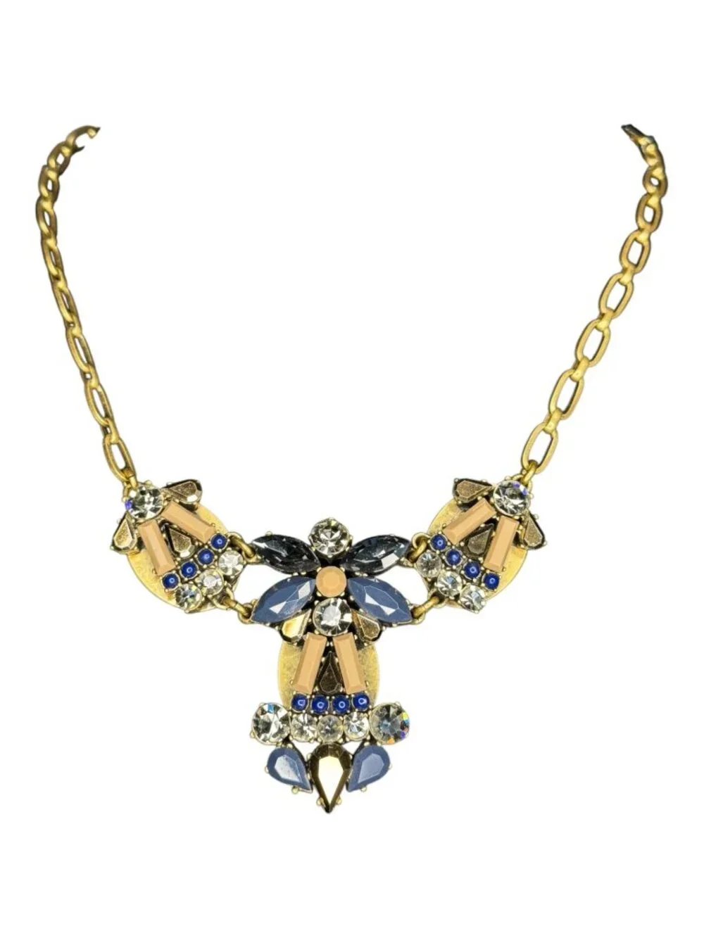 J.Crew Statement Necklace Blue Rhinestone Crystal Gold Tone Bib Necklace 16
